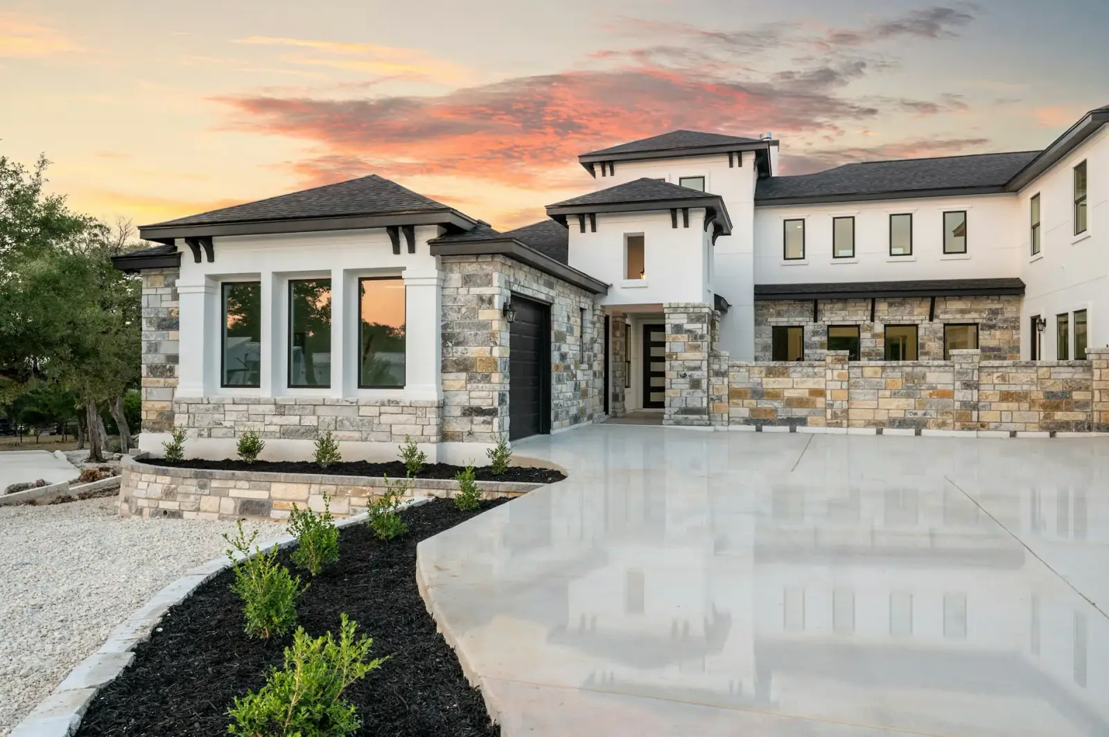 Modern house with stone and white exterior