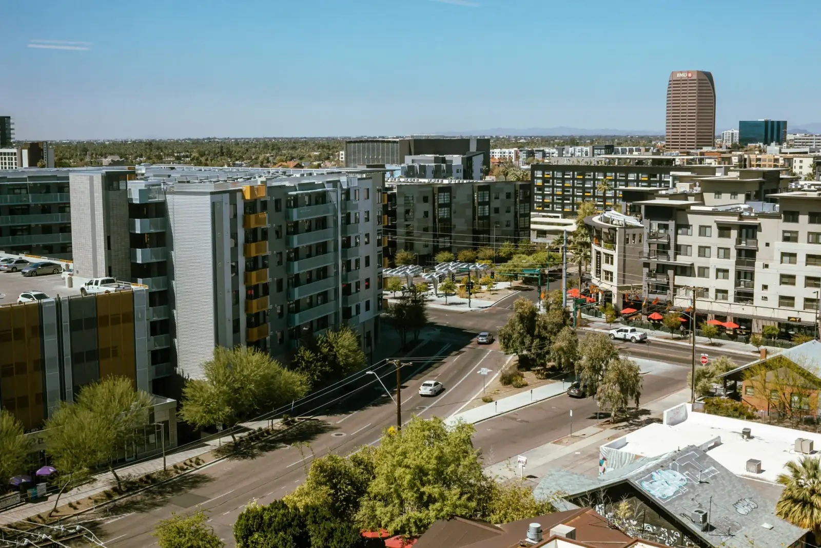 Aerial view of commercial and retail buildings