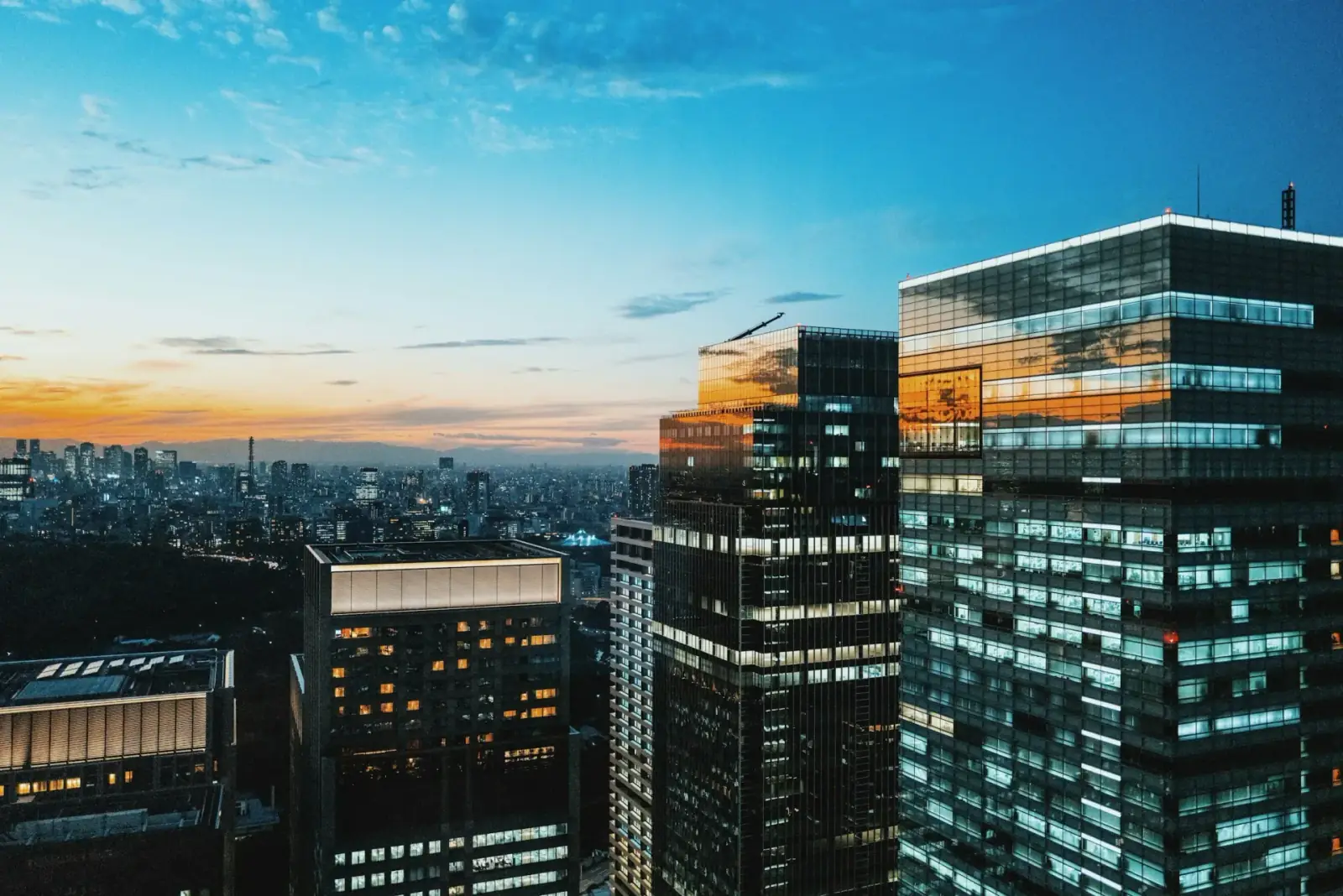 Cityscape of tall modern skyscrapers at dusk